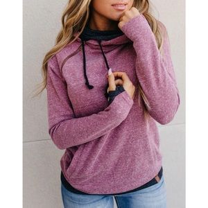 Ampersand Ave Red Black Marled Doublehood Pullover Sweatshirt Thumb Holes Zip